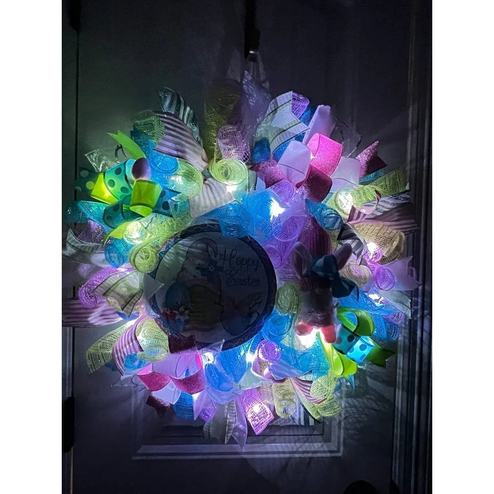 Handmade Easter Girl Bunny Gnome Prelit Ribbon Wreath 22 in LED W8